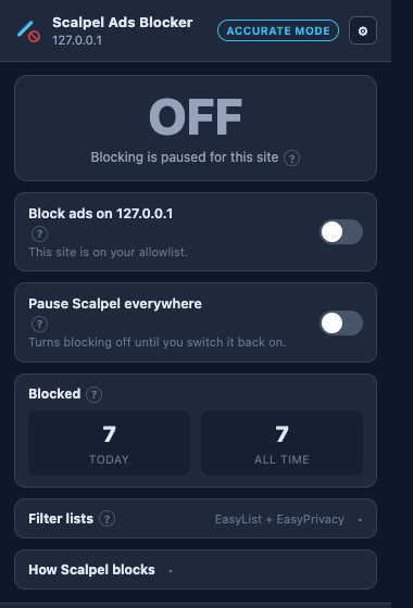 Scalpel Ads Blocker popup for an allowlisted site, reading OFF with blocking paused for this site and the per-site toggle switched off, while the today and all-time counters keep their totals.