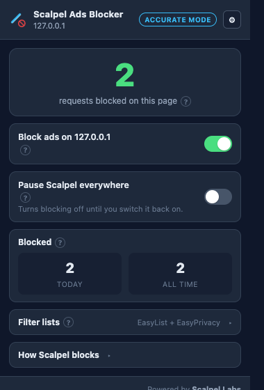 Scalpel Ads Blocker popup showing two requests blocked on the current page, a block-ads toggle switched on, a pause-everywhere toggle off, today and all-time blocked counts, and the filter lists set to EasyList plus EasyPrivacy.