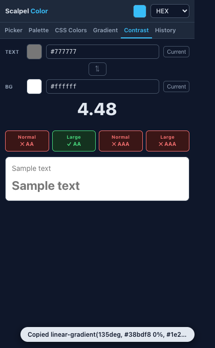 Scalpel Color popup on the Contrast tab, showing the contrast ratio between two colors with AA and AAA pass results.
