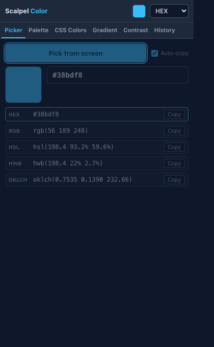 Scalpel Color popup on the Picker tab, showing a picked sky-blue swatch with its hex, rgb, hsl, hwb, and oklch values and copy buttons.