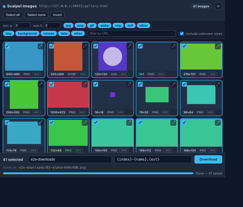 Scalpel Images popup showing selected images with a rename-pattern field and a subfolder option before a bulk download.