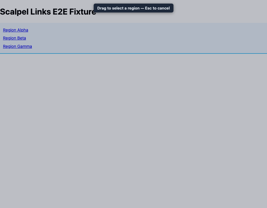 Scalpel Links region overlay drawn over a page, capturing only the links inside the selected rectangle.