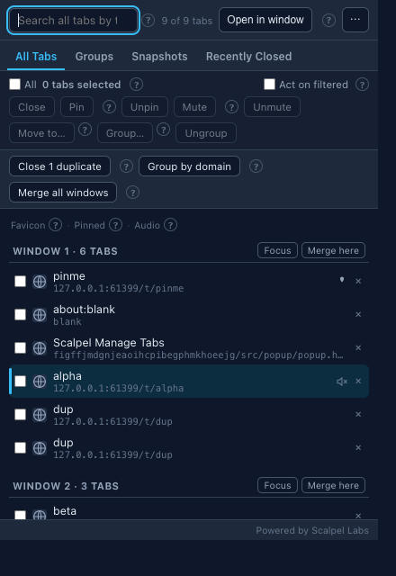 Scalpel Manage Tabs popup on the All Tabs view, showing a search box, bulk-action buttons for close, pin, mute, move, and group, a close-duplicate and merge-all-windows control, and tabs listed under each window.
