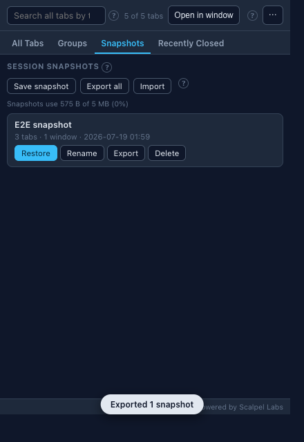 Scalpel Manage Tabs popup on the Snapshots view, showing a saved session snapshot with restore, rename, export, and delete actions, and buttons to save a snapshot or export and import the set.