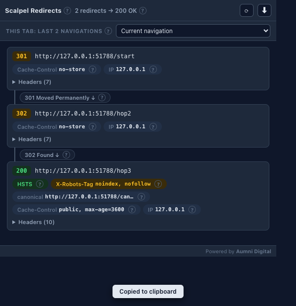 Scalpel Redirects popup showing a redirect chain of a 301 to a 302 to a 200, each hop with its URL, response headers, and SEO hint chips.