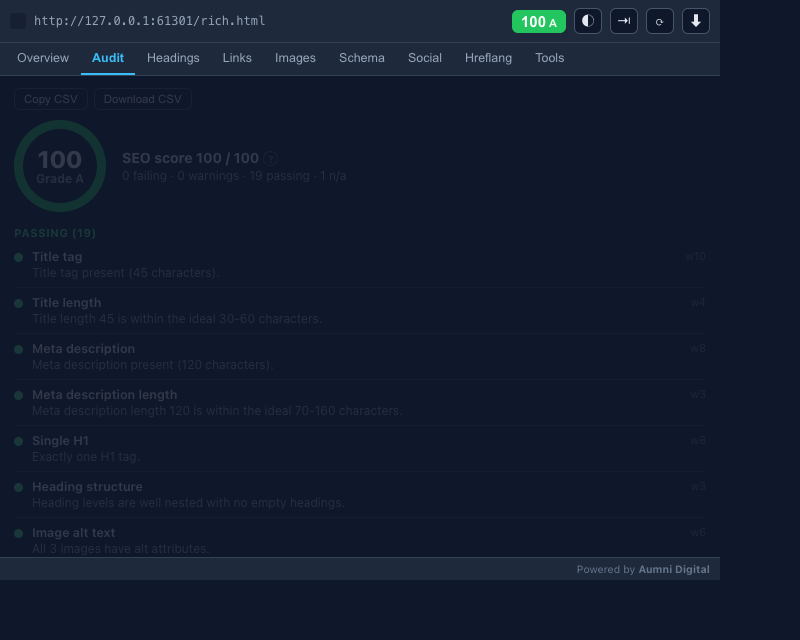 Scalpel SEO popup on the Audit tab, showing a 100 out of 100 score with an A grade and a list of passing checks such as title tag, meta description, and single H1.