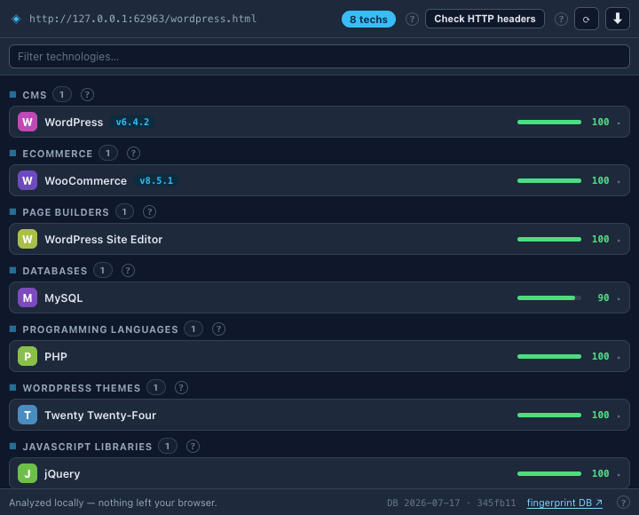 Scalpel Stack popup listing the technologies detected on a page, grouped by category with version numbers and confidence scores.