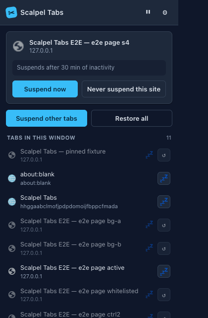 Scalpel Tab Suspender popup showing the active tab's suspension countdown, a pause toggle, and a list of tabs in the window with per-tab controls.
