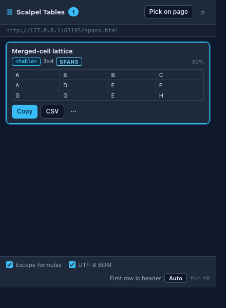 Scalpel Tables in-page picker highlighting a table under the cursor so it can be selected directly from the page.